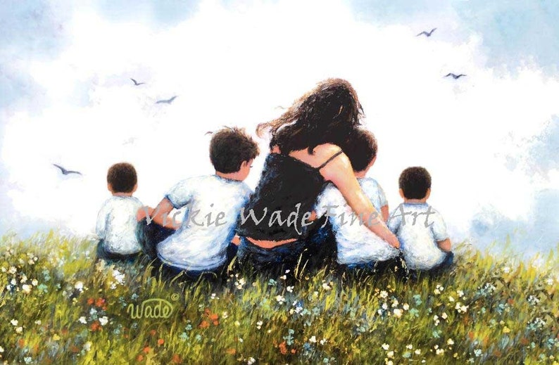 Mother Four Sons Art Print, four brothers, four boys, mom, mother of four boys, mum mom mother hugging four sons painting, Vickie Wade Art image 1