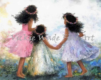 Three Sisters African American Art Print, three black girls curly hair ring around the rosy, sisters holding hands, Vickie Wade