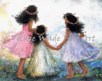 May include: Three young girls with dark brown hair and flower crowns walk hand-in-hand. The girl in the front is wearing a light purple dress, the middle girl is wearing a white dress, and the girl in the back is wearing a pink dress. The girls are walking on a field of blue flowers.
