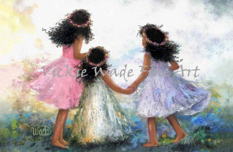 Three Sisters African American Art Print, three black girls curly hair ring around the rosy, sisters holding hands, Vickie Wade image 1