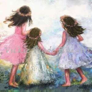 Three Sisters Art Print, three girls ring around the rosy, three daughters three brunette girls, three flower girls, angel sis, Vickie Wade