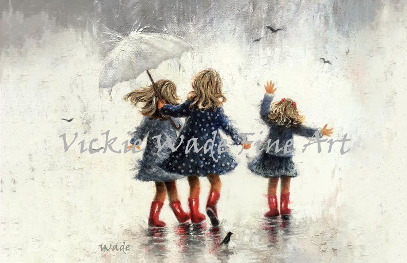 Three Sisters Rain Art Print, three girls paintings, three rain sisters, sisters paintings, girls room art, three daughters, Vickie Wade Art image 6