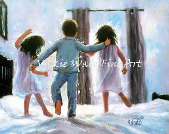 Three Children Jumping On the Bed Art Print, two sisters and brother wall art, bedroom wall art, three kids, two girls and boy, Vickie Wade