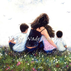 Mother Three Children Art Print, two sons and daughter, sitting on grass hugging, redhead mom,two boys and girl, Vickie Wade Fine Art