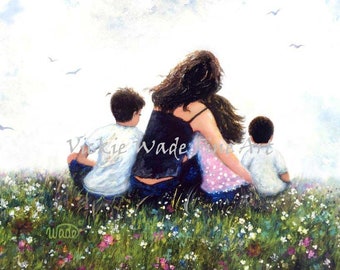 Mother Three Children Art Print, two sons and daughter, sitting on grass hugging, redhead mom,two boys and girl, Vickie Wade Fine Art