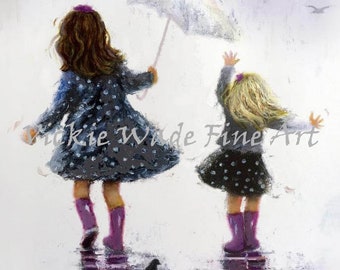 Two Sisters Rain Art Print, two blonde girls, two blonde sisters, two daughters, girls room art, sister gift, rain girls, Vickie Wade art