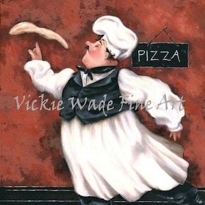 Fat Chefs Art Print, Pizza Chef kitchen wall decor, chef art, chef paintings, fat chef paintings, art, kitchen art, Vickie Wade art