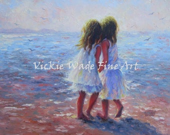 Two Beach Sisters Art Print beach girls, two beach girls, two brunette sisters whispering, best friends, ocean, Vickie Wade art