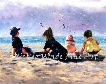 Four Beach Children Art Print sitting on beach three girls and boy, playing by lake or ocean, three sisters and brother, Vickie Wade Art