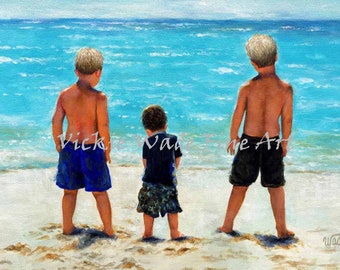 Three Beach Boys Aqua Sea Art Print, three sons, three brothers beach wall art, 3 beach boys art, 3 boys, 3 sons beach art, Vickie Wade Art