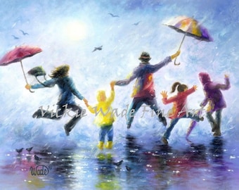 Singing in the Rain Art Print, happy family playing in rain paintings umbrellas mom dad three children three kids wall decor blue