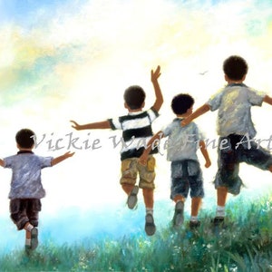 African American Four Brothers Art Print, four black sons, four black boys, four black brothers, leaping running outdoors, Vickie Wade Art