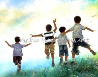 African American Four Brothers Art Print, four black sons, four black boys, four black brothers, leaping running outdoors, Vickie Wade Art