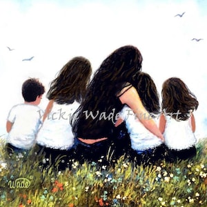Mother Three Daughters and Son Hugging Art Print, three sisters and brother meadow, mom three girls and boy, dark long hair, Vickie Wade