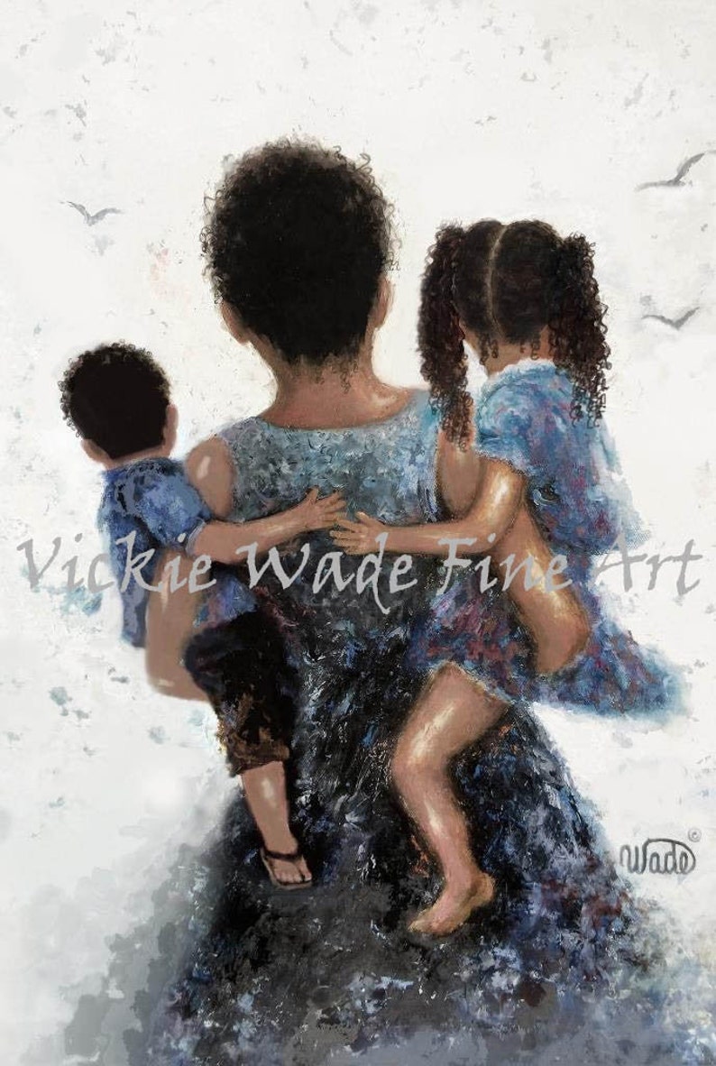 African American Mother Daughter and Son Art Print, black mom girl boy, mother carrying boy and girl, mom, mum, black children, Vickie Wade image 1
