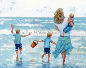Mother and Three Sons Beach Art Print, blonde mom and three blonde beach boys, three blonde brothers, ocean wall art, Vickie Wade Art