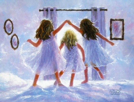 バリ絵画:tiga gadis(少女3人) Three Sisters Art Print: Girls Jumping on Bed, Bedroom Wall Decor