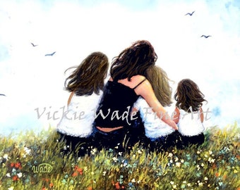 Mother Three Daughters Art Print, mother paintings, mom, three girls, carrying daughters, three sisters, mom gift, girls room, Vickie Wade
