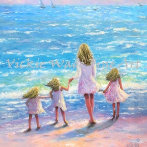 Mother and Three Daughters Beach Art Print, mom, three girls, beach sisters, three sisters, mother's day gift, loving mom, Vickie Wade Art image 3
