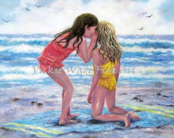 Two Beach Sisters Art Print, two beach girls whispering, beach sea secrets, two daughters, blonde and brunette girls, Vickie Wade Art