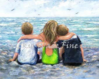 Three Beach Children Hugging Art Print, two boys and girl, two brothers and sister, beach wall art, blonde children beach, Vickie Wade Art
