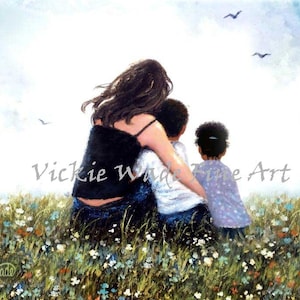 Mother Son and Daughter Biracial Art Print, Caucasian red head mom, white mom black son and daughter, black boy and baby girl, Vickie Wade