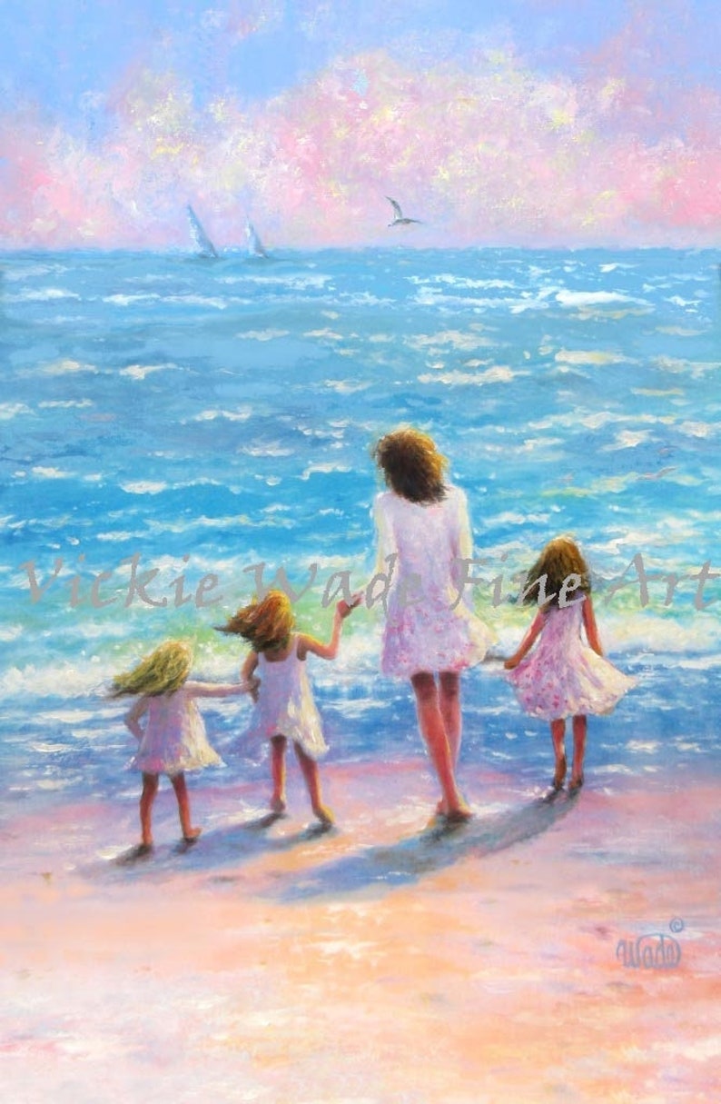 Mother and Three Daughters Beach Art Print, mom, three girls, beach sisters, three sisters, mother's day gift, loving mom, Vickie Wade Art image 1