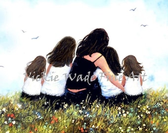 Mother Four Daughters Hugging Art Print, mom and four sisters in the meadow, mother and four blonde girls hugging, Vickie Wade Art
