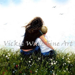 Mother and Son Art Print, mom, boy, brunette mother, blonde son, mom hugging son, loving mother, mother's day gift,  Vickie Wade Art