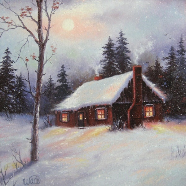 RESERVED for Heidi Silvery Moon & All is Calm - Vickie Wade art, snow, paintings, winter, landscape, forest, cabin, winter landscape