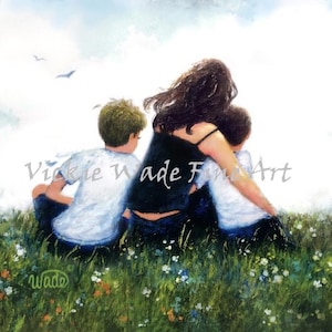 Mother and Two Sons Art Print: Mom Hugging Boys in Meadow