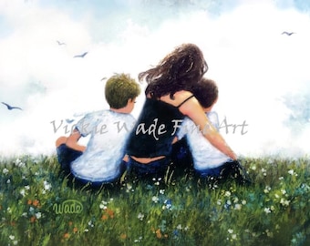 Mother and Two Sons Art Print, mom two boys hugging, blond and brunette sons, two boys, two brothers, mom in meadow, Vickie Wade Art