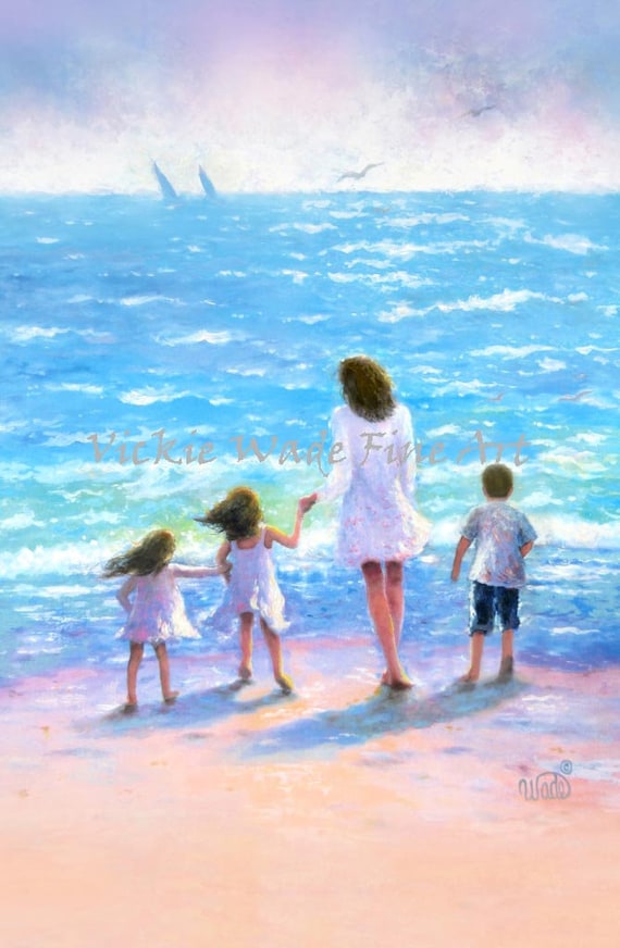 Mother and Two Daughters and Son Beach Art Print, Mom, Three Children Beach, Two Sisters and Brother, Beach Family, Vickie Wade Art - Etsy