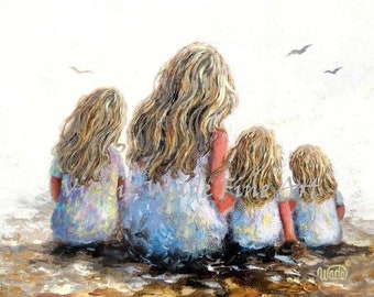 Mother and Three Daughters Beach Chat Art Print, mom sitting at beach, three sisters, three brunette girls, blonde girls, Vickie Wade Art