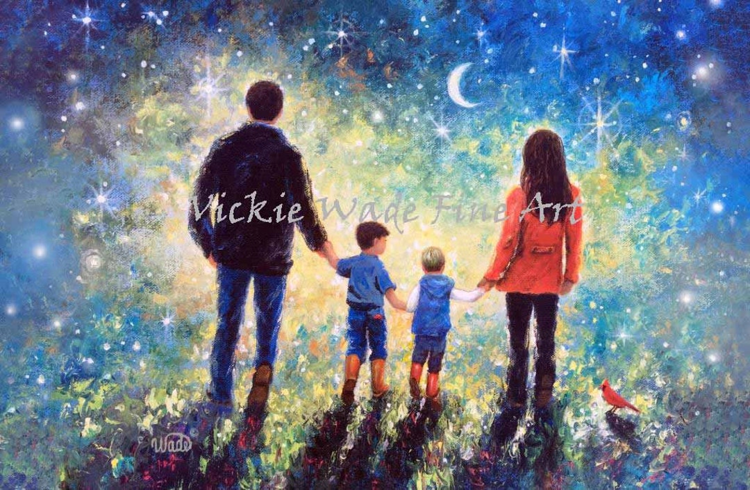 Family Art Print: Twilight Walk With Two Sons, Starry Night - Etsy