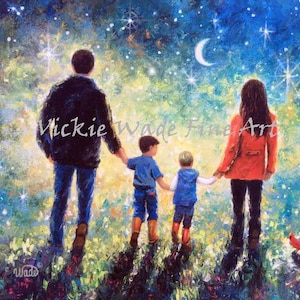 May include: A painting depicting a family of four walking under a starry night sky. The family are holding hands and walking towards a bright light. The painting is done in a whimsical style with bright colours and a lot of detail.