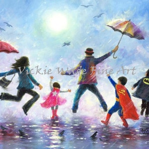 Three Children Art Print, happy family dad, mom, three superhero kids, singing in the rain, superhero paintings, 2 boys 1 girl, Vickie Wade image 1