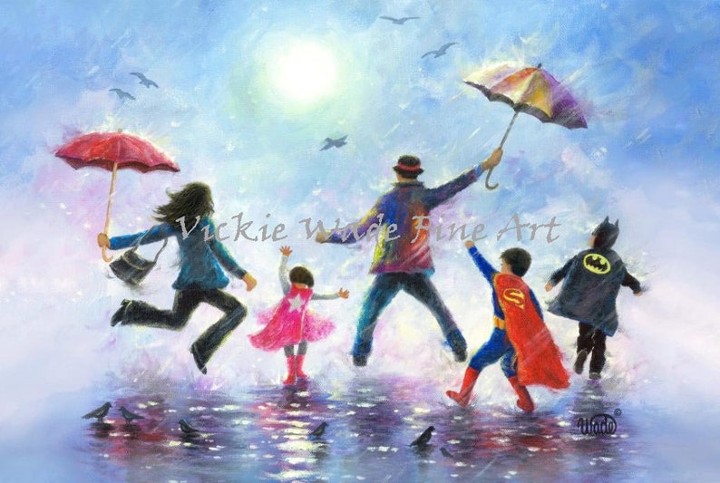 Three Children Art Print, happy family dad, mom, three superhero kids, singing in the rain, superhero paintings, 2 boys 1 girl, Vickie Wade image 1