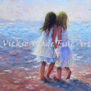 Twin Sisters Beach Art Print, beach girls, twin girls, blonde and brunette, twin daughters, blondes two sisters whispering, Vickie Wade art