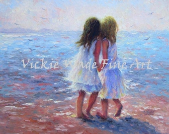 Twin Sisters Beach Art Print, filles de plage, filles jumelles, blonde et brune, filles jumelles, blondes deux sœurs chuchotant, art Vickie Wade