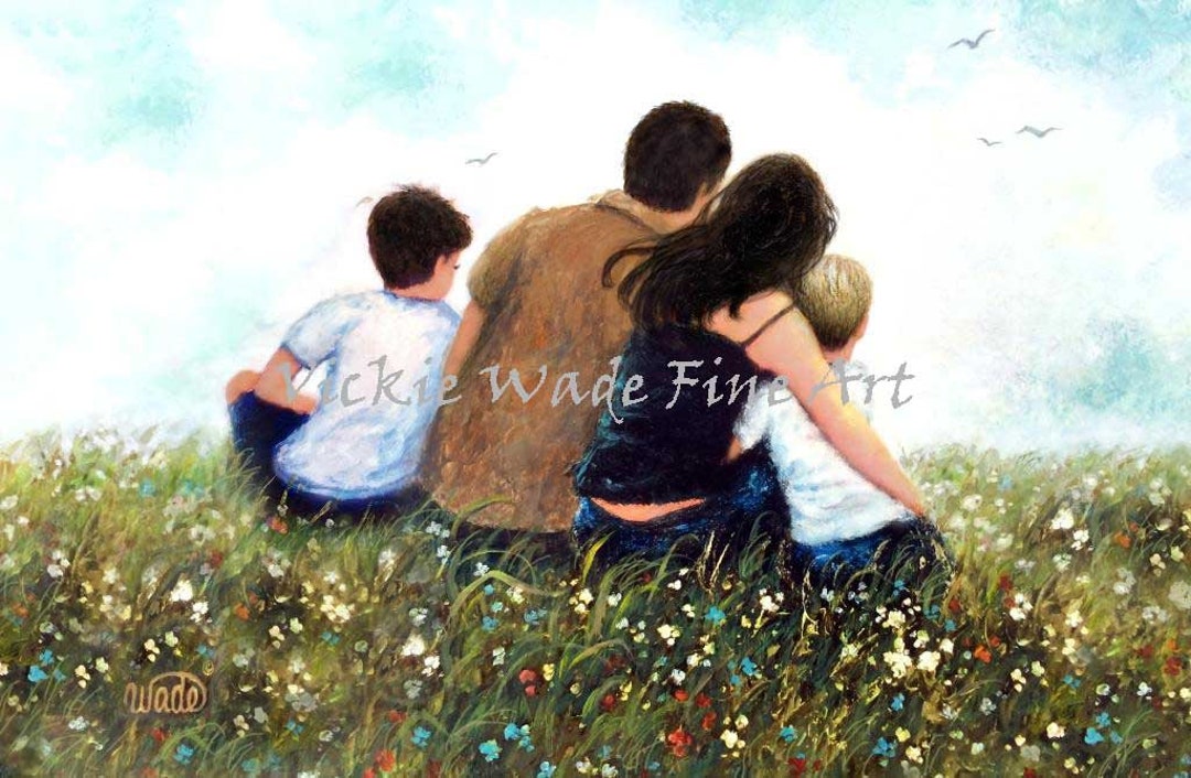 Family Two Sons Art Print, Mother Father Two Sons Hugging, Mom Dad Two ...