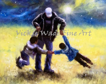 African American Father and Two Sons Spinning Art Print, playing twirling dad carrying sons, black father and two sons, Vickie Wade Art