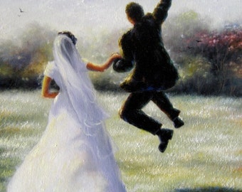 Bride Groom ORIGINAL painting, wedding day, leaping groom, jumping groom, marriage, leaping, wedding couple, happy bride,Vickie Wade art