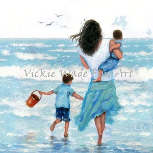 Mother and Two Sons Beach Art Print: Ocean Family Portrait