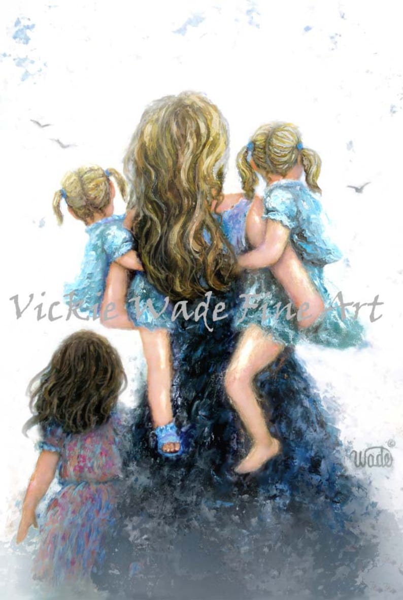 Mother Three Daughters Art Print, mother paintings, blonde mom three girls, carrying daughters, three sisters, gift, girls room, Vickie Wade image 4