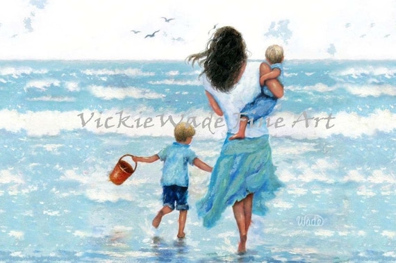 Mother and Two Sons Beach Art Print: Brunette, Redhead, Blonde