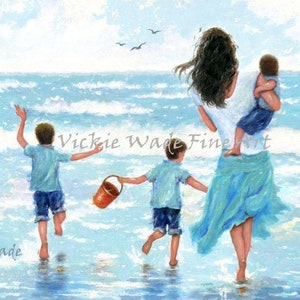 Impresión de Madre y tres chicos de playa, arte mural de playa, tres hijos, niños de playa, madre con tres hijos, arte mural de mamá, mamá rubia, Vickie Wade Art