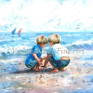 Two Beach Boys Art Print, two brothers beach, beach wall art, art, little boys room, two boys blue wall art, beach painting, Vickie Wade art image 4