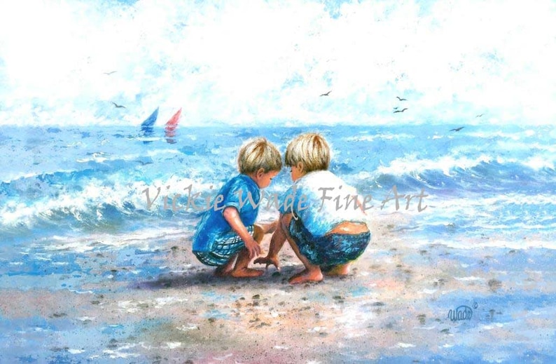Two Beach Boys Art Print, two brothers beach, beach wall art, art, little boys room, two boys blue wall art, beach painting, Vickie Wade art image 4