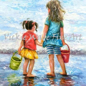 Two Sisters Beach Art Print beach girls, two beach girls, brunette sisters, big sister little sister, two daughters beach,Vickie Wade art image 4
